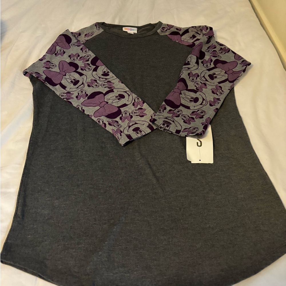 LuLaRoe Disney  Minnie Mouse Randy Gray Top with Purple Patterned Sleeves